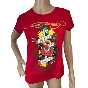 Ed Hardy Red Rose Graphic “True To My Love” Short Sleeve T-Shirt